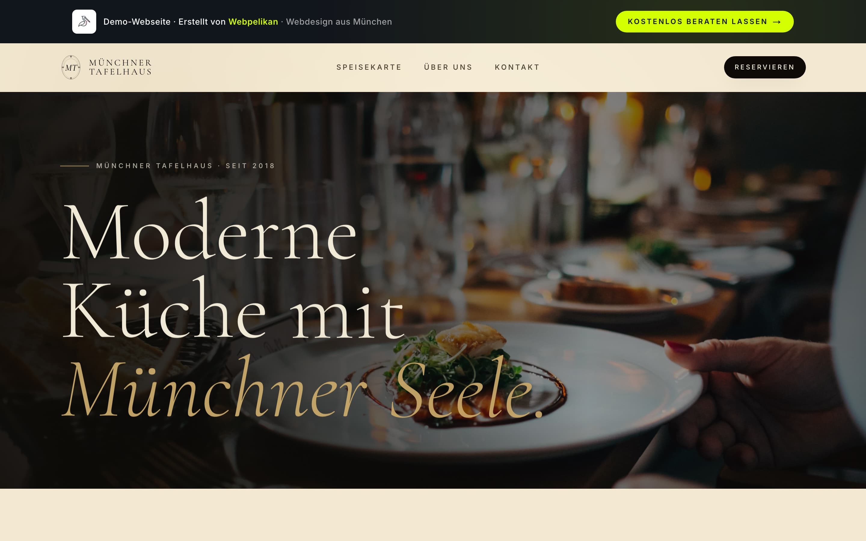 Restaurant-Entwurf — atmosphärischer Hero mit Foodfoto und Reservierungs-CTA