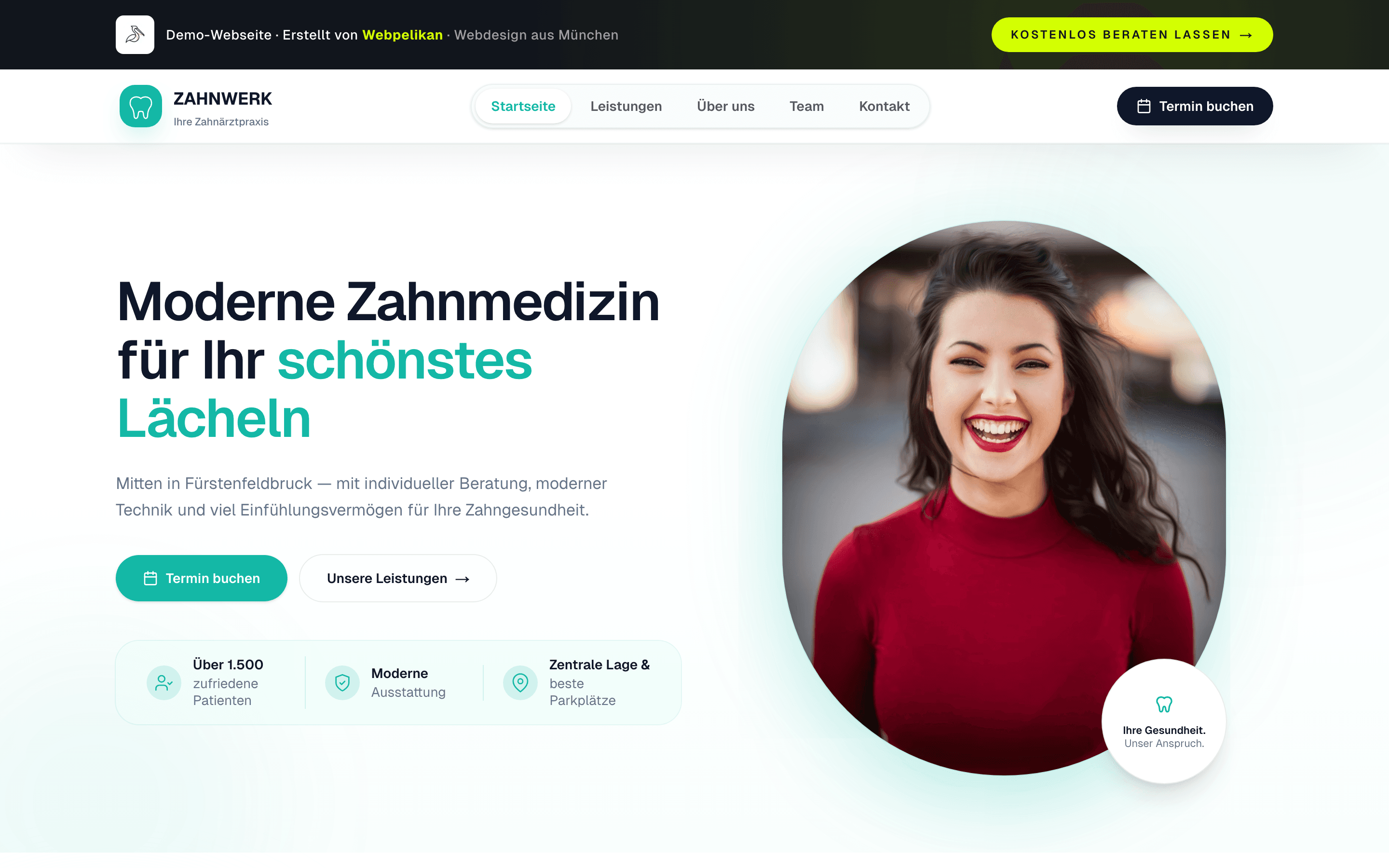 Zahnarztpraxis-Entwurf — Hero mit Termin-CTA und Behandlungsschwerpunkten